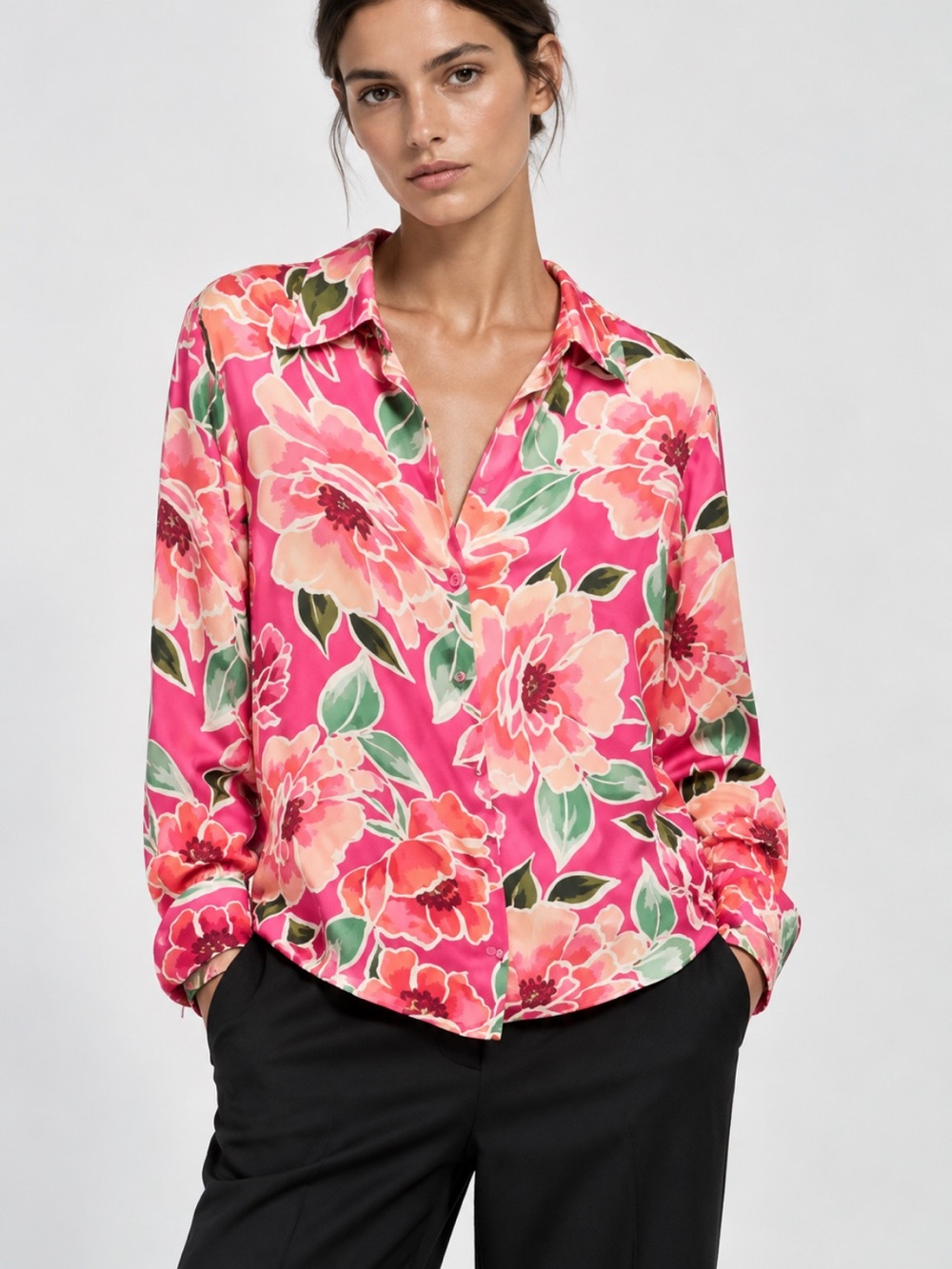 Zara NWT Pink Floral Satin Blouse XS 1165/074